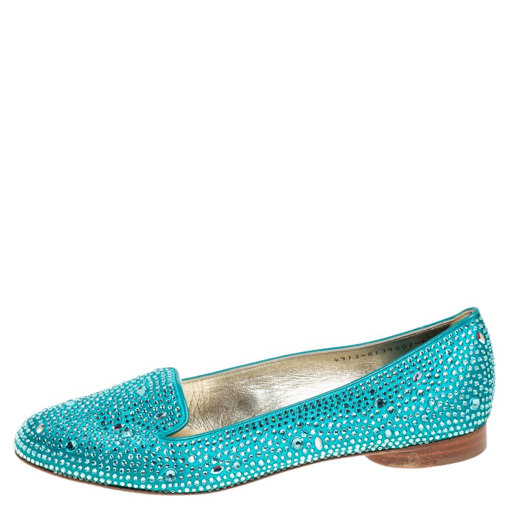 

Gina Blue Satin Crystal Embellished Loafers Size
