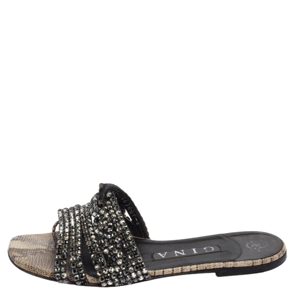 

Gina Black Crystal Embellished Leather Loren Slide Sandals Size