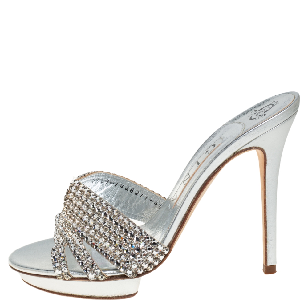 

Gina Silver Crystal Embellished Leather Slide Sandals Size