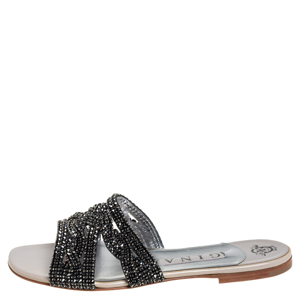 

Gina Black Leather Crystal Embellished Dakota Sandals Size