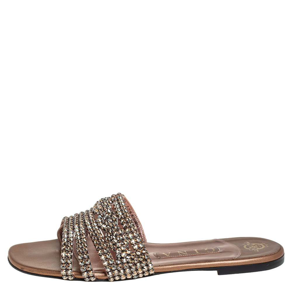 

Gina Gold Leather Embellished Flat Sandals Size