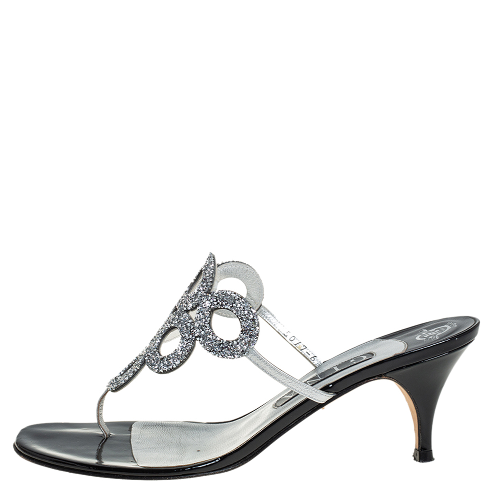 

Gina Black/Silver Leather Crystal Embellished Slide Sandals Size
