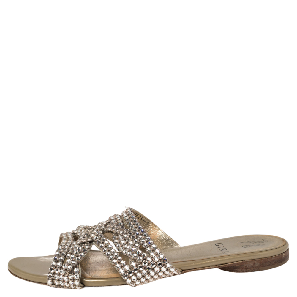 

Gina Beige Leather Crystal Embellished Loren Flat Sandals Size