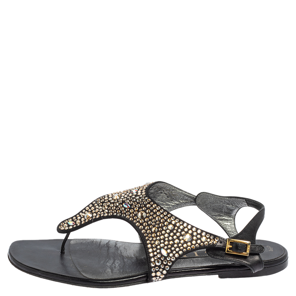 

Gina Black Leather and Suede Crystal Embellished Thong Flat Sandals Size