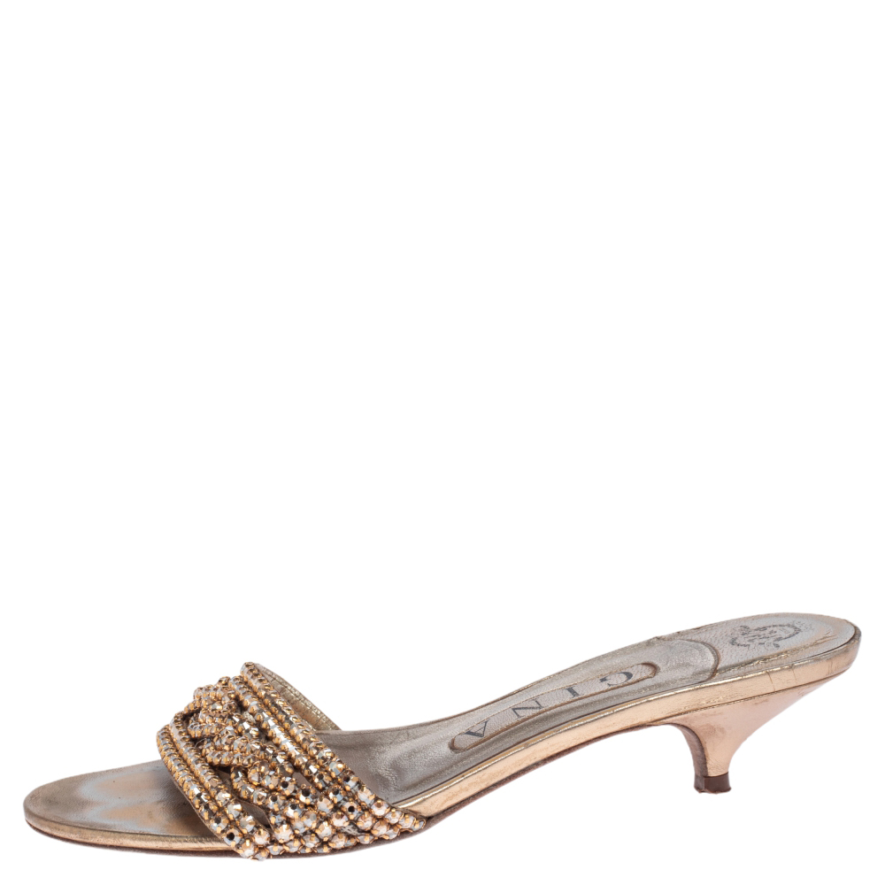 

Gina Gold Leather Crystal Embellished Kitten Heel Slides Size