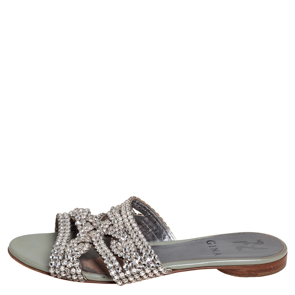 

Gina Grey Leather Embellished Slide Sandals Size