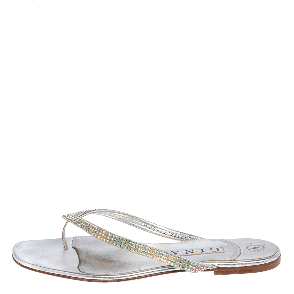 

Gina Silver Leather Crystal Embellished Thong Flats Size