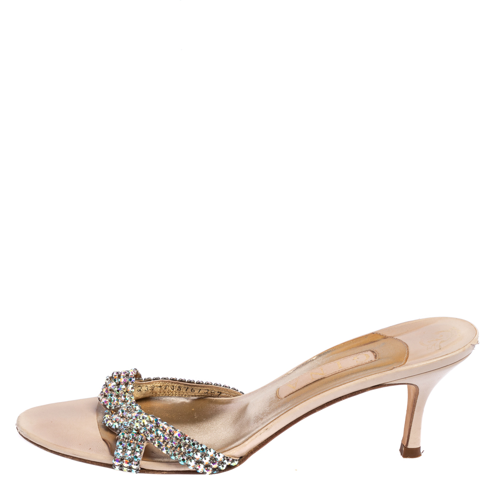 

Gina Beige Leather Crystal Embellished Open Toe Sandals Size