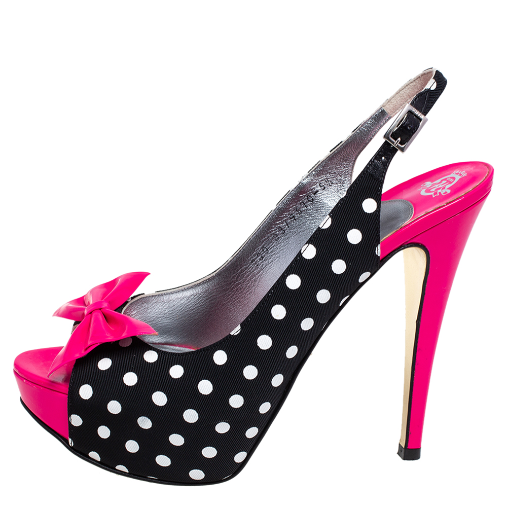 

Gina Pink/Black Polka Dot Fabric And Patent Leather Bow Platform Slingback Sandals Size
