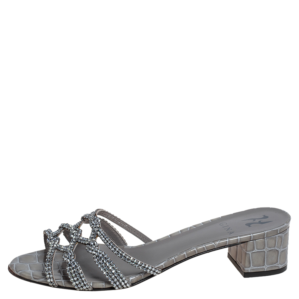 

Gina Pale Green Croc Embossed Patent Leather Crystal Embellished Rodeo Block Heel Slides Size