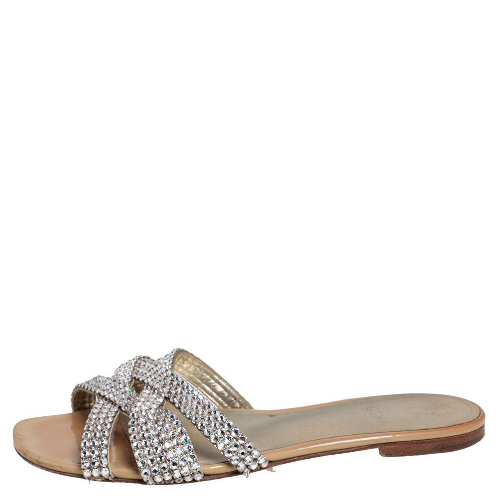 

Gina Cream Patent Leather Crystal Embellished Crisscross Slide Flats Size