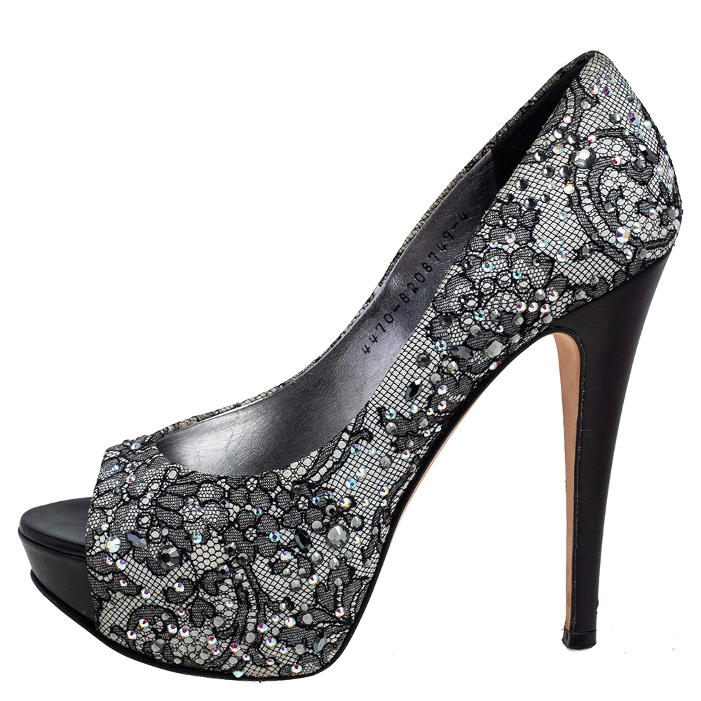 

Gina Grey/Black Lace Crystal Embellished Peep Toe Platform Pumps Size