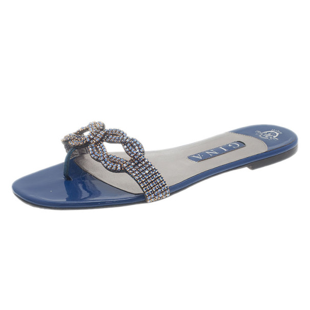 Gina Blue Patent Embellished Flat Sandals Size 39.5