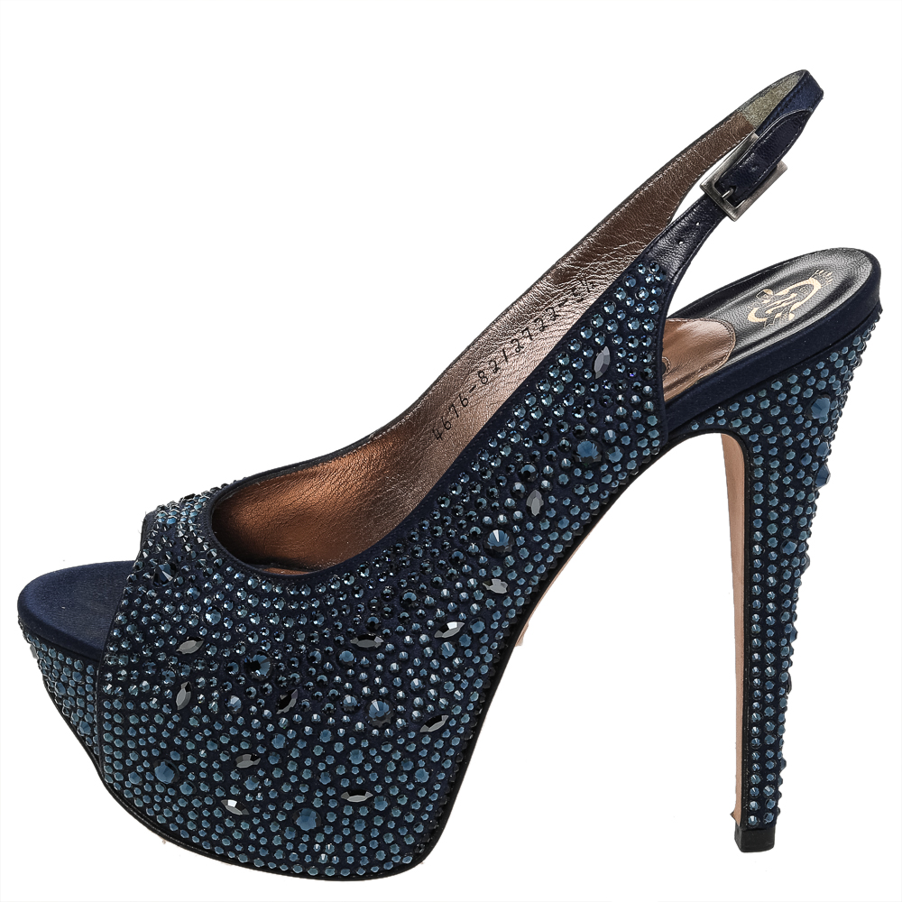 

Gina Navy Blue Satin Crystal Embellished Platform Peep Toe Slingback Sandals Size