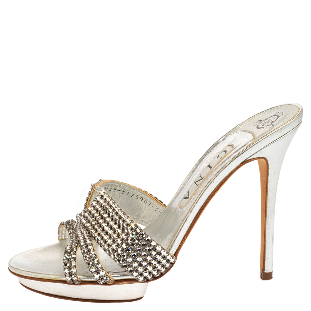 

Gina Silver Leather Crystal Embellished Platform Slide Sandals Size