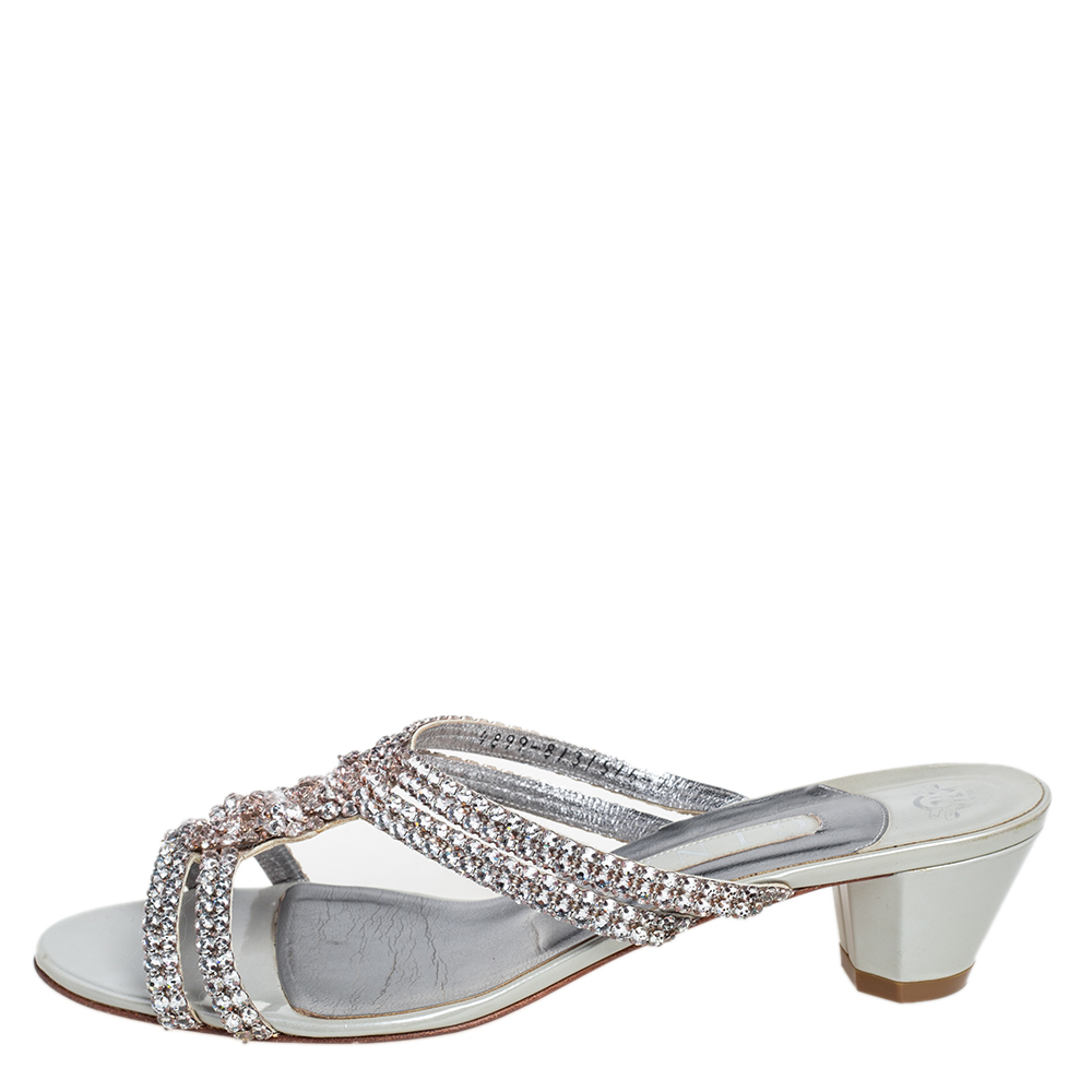 

Gina Silver Leather Crystal Embellished Slide Sandals Size