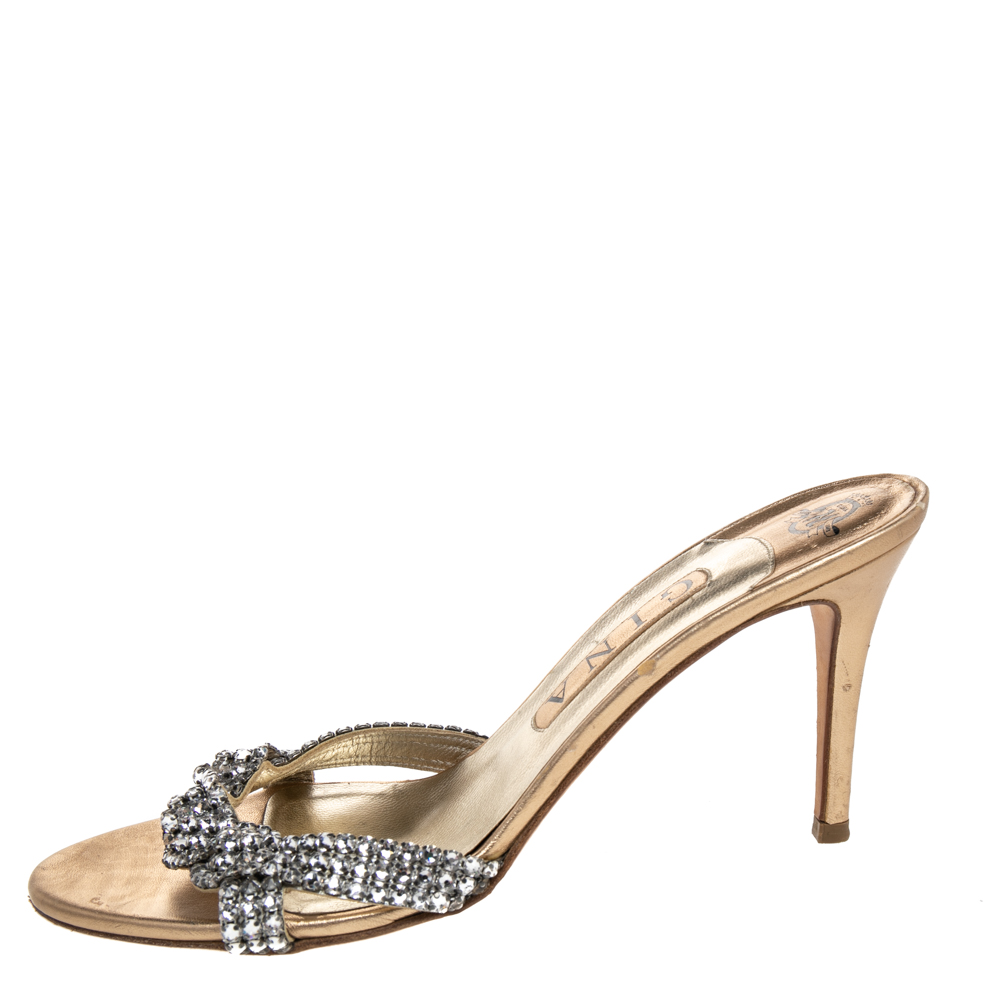

Gina Silver Crystal Embellished Leather Open Toe Slide Sandals Size