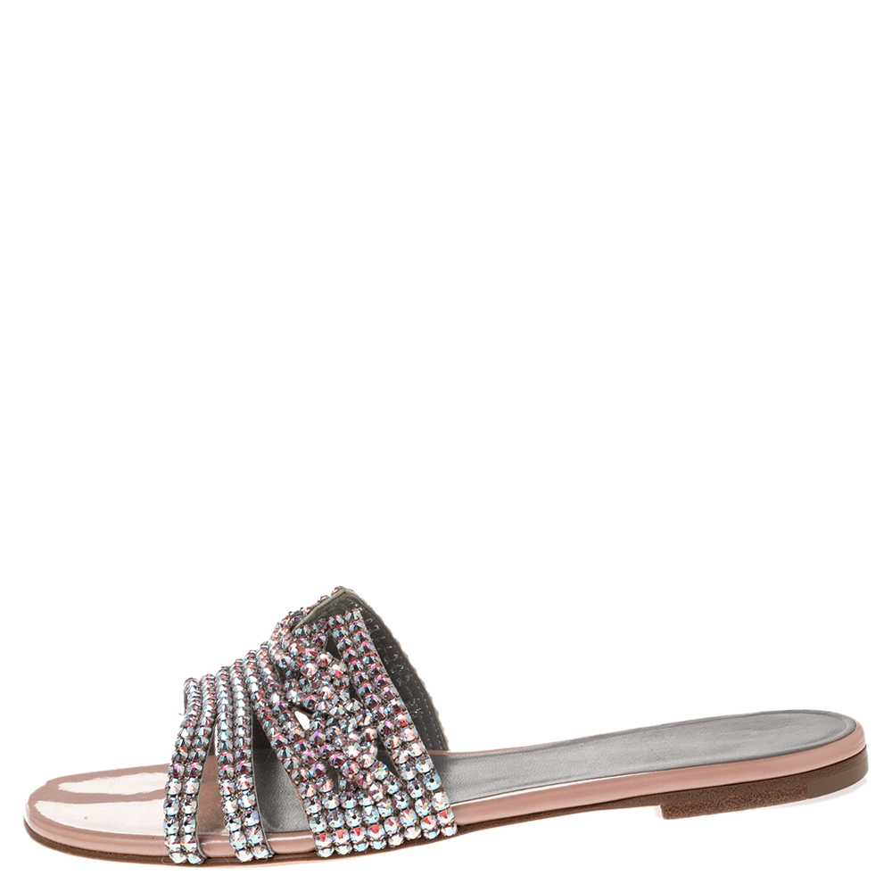 

Gina Rose Gold Leather And Crystal Embellished Dakota Slide Sandals Size