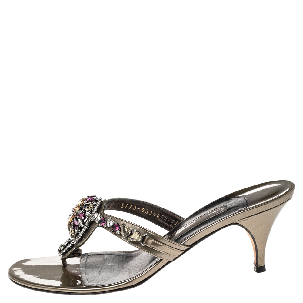 

Gina Metallic Olive Green Patent Leather Crystal Embellished Slide Sandals Size