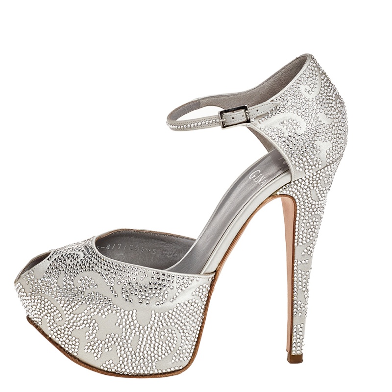 

Gina Silver Crystal Embellished Satin Hester Peep Toe Platform Ankle Strap Pumps Size