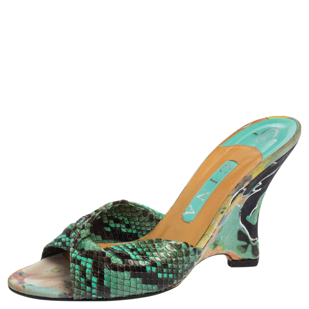 Click to view more detailed imagery on our partner's website Pre-owned Gina Black/blue Python And Suede Slide Wedge Sandals Size 38.5