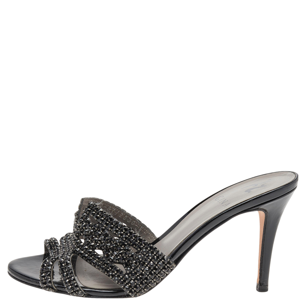 

Gina Black Patent Leather Crystal Embellished Slides Sandals Size