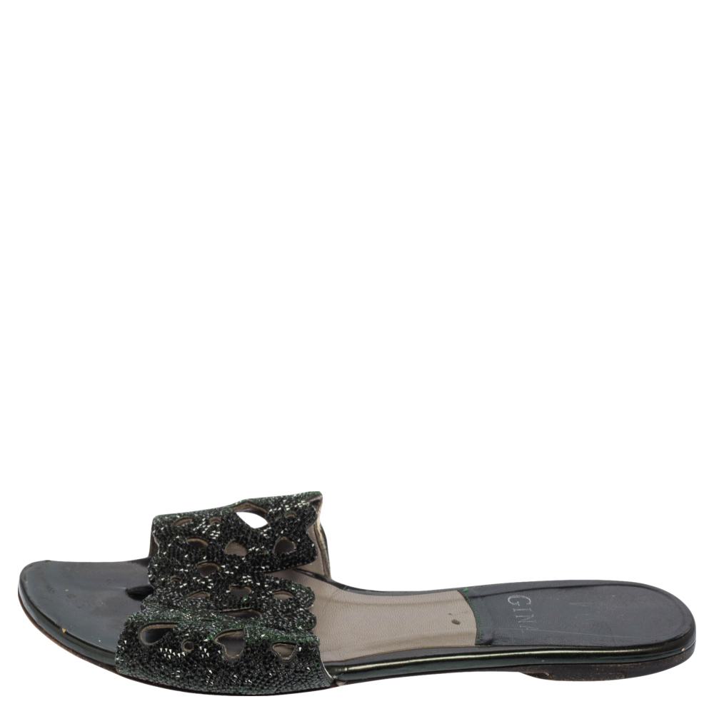 

Gina Silver Green Leather Crystal Embellished Flat Slides Size