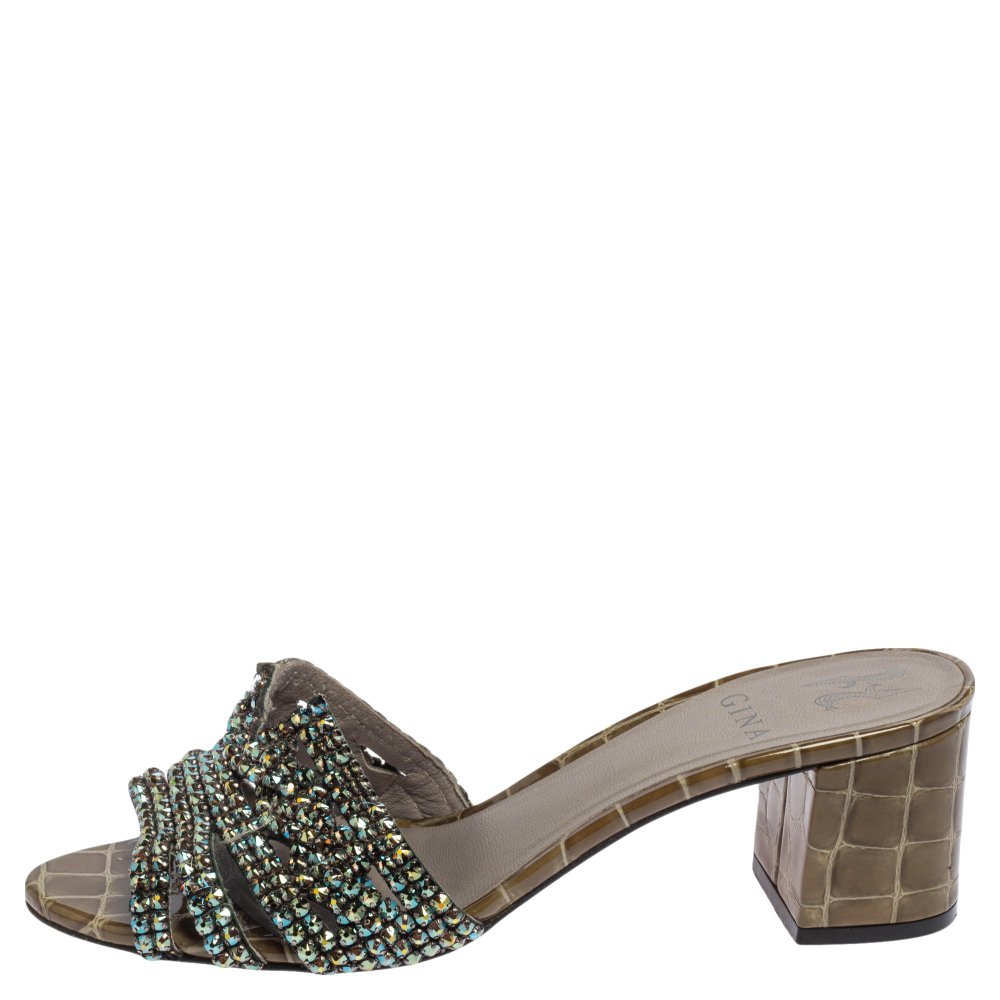 

Gina Rose Olive Green Croc Embossed Patent Crystal Embellished Loren Slide Sandals Size