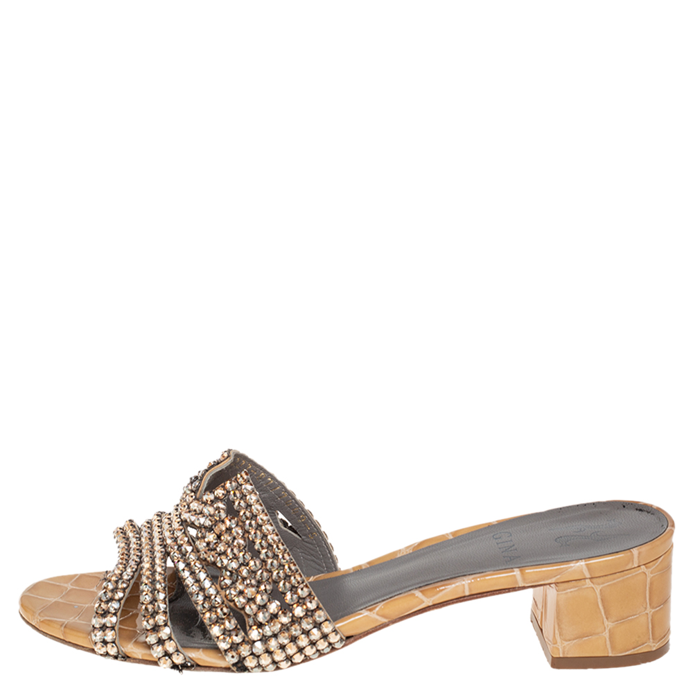 

Gina Rose Gold Croc Embossed Leather Crystal Embellished Loren Slide Sandals Size