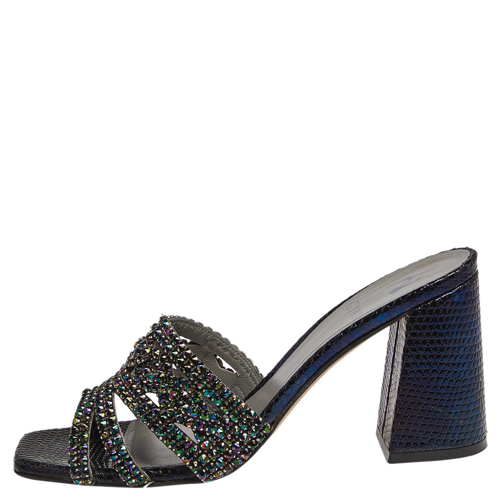 

Gina Purple Lizard Embossed Leather Crystal Embellished Slide Block Heel Sandals Size