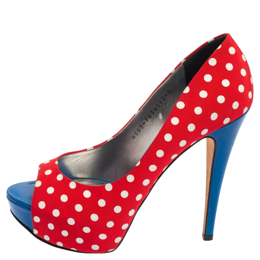 

Gina Red Polka Dot Fabric Peep Toe Platform Pumps Size