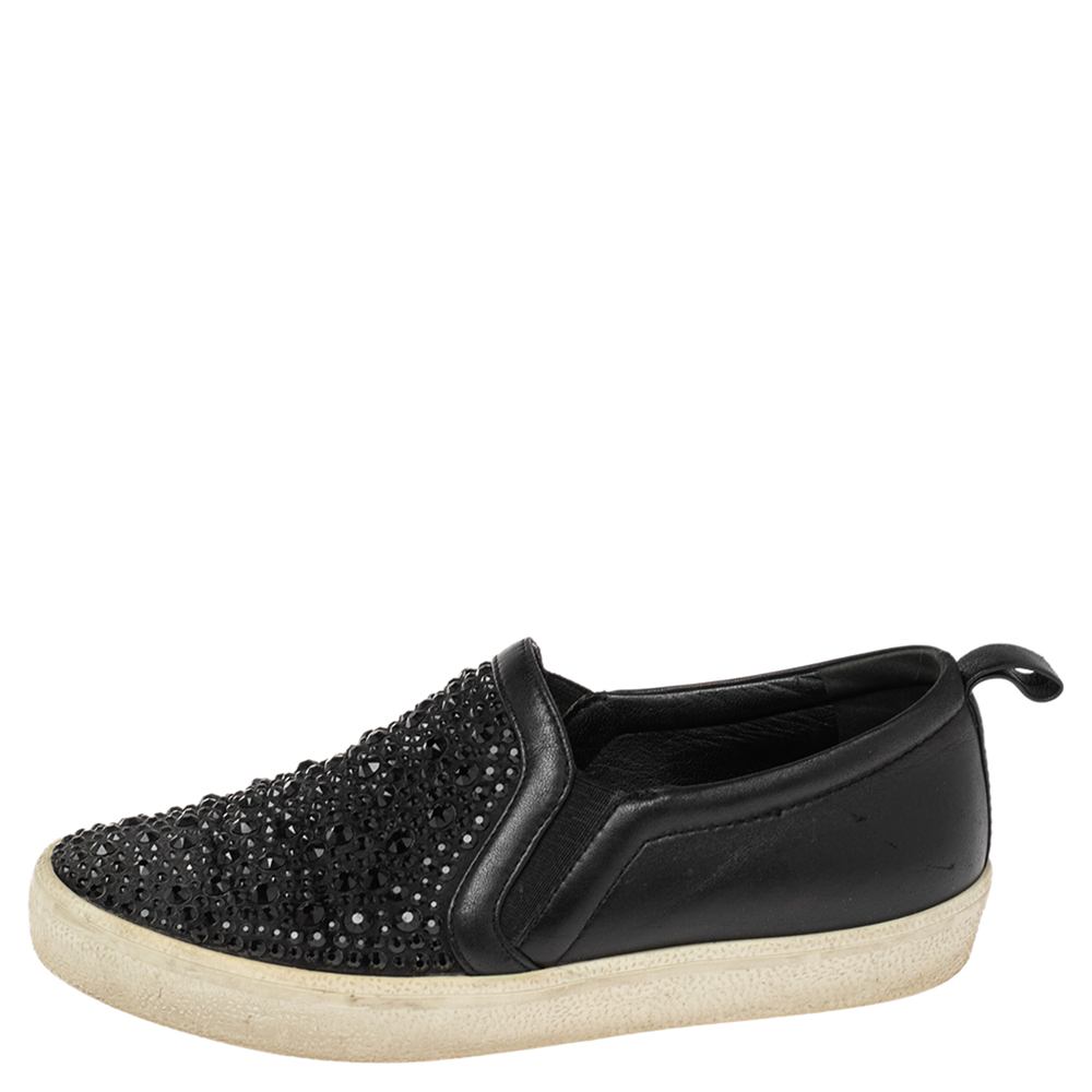 

Gina Black Leather and Suede Gioia Crystals Slip On Sneakers Size