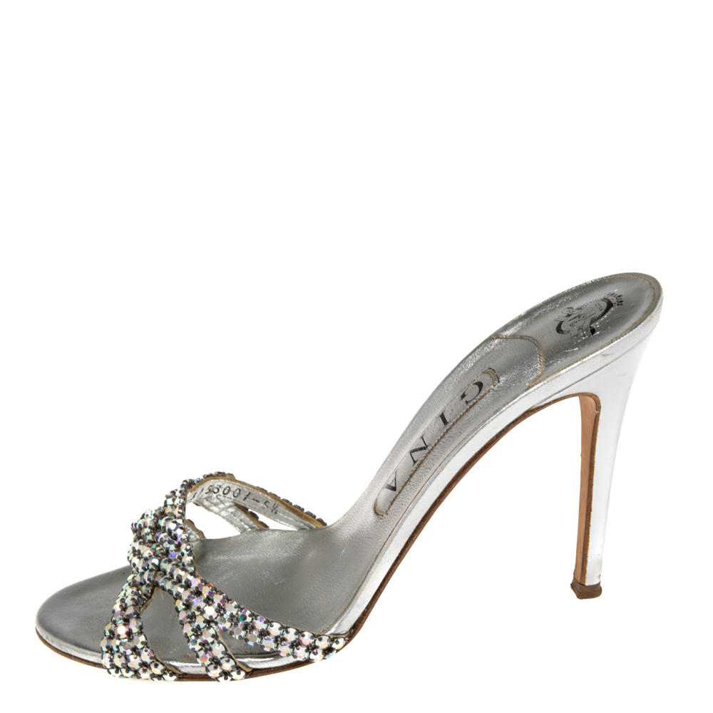 

Gina Silver Leather Crystal Embellished Slide Sandals