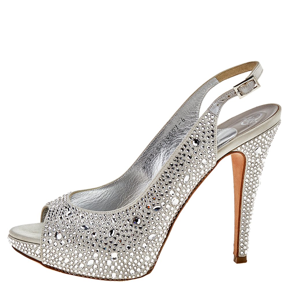 

Gina Silver Satin Crystal Embellished Platform Peep Toe Slingback Sandals Size