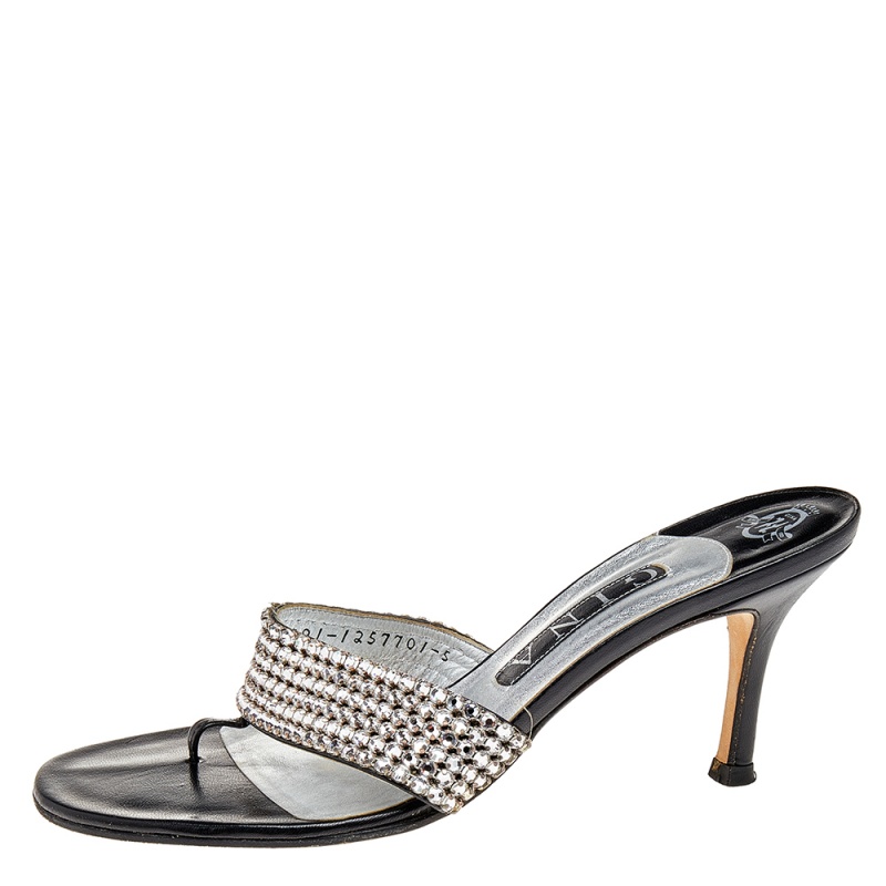 

Gina Black Leather Crystal Embellished Thong Sandals Size