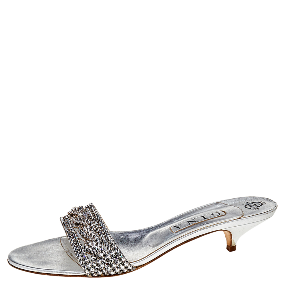 

Gina Silver Leather Crystal Embellished Kitten Heel Slide Sandals Size