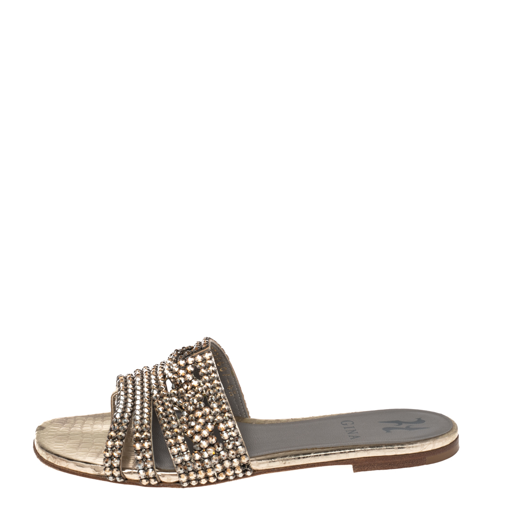 

Gina Gold Embossed Leather Loren Crystal Embellished Flat Sandals Size, Metallic