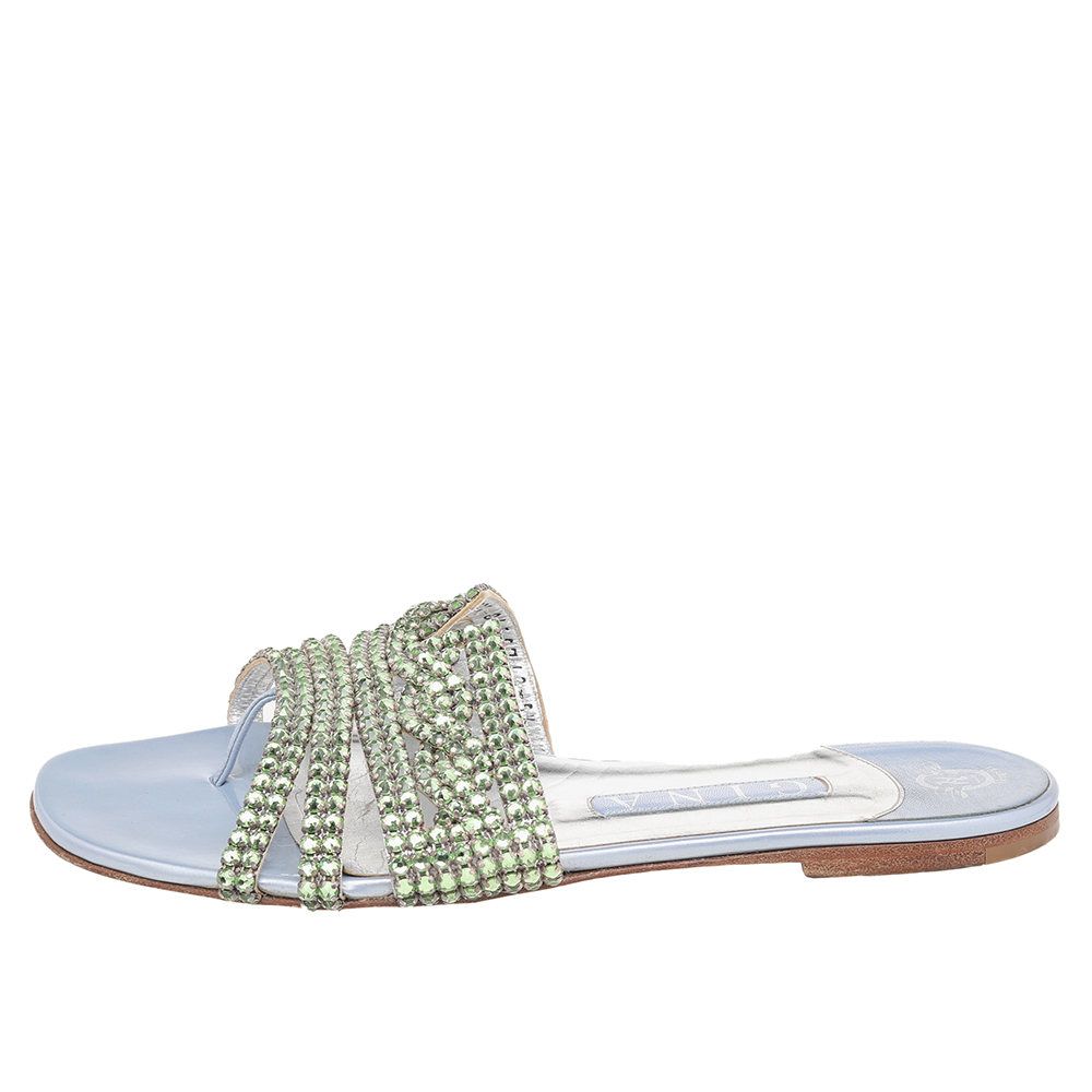 

Gina Green Leather Crystal Embellished Flat Slide Sandals Size