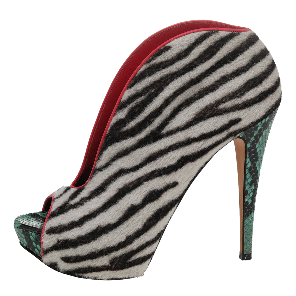 

Gina White-Brown Zebra Print Calf Hair Peep Toe Platform Booties Size