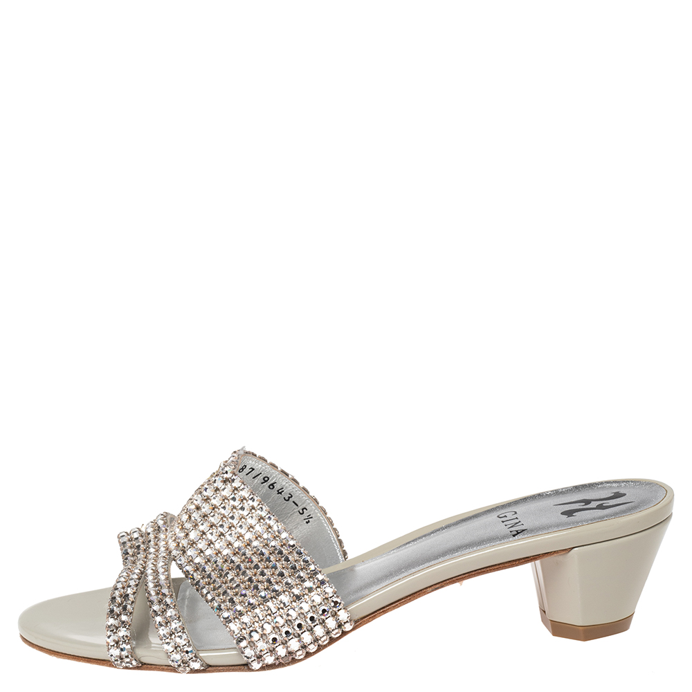 

Gina Metallic Grey Leather Embellished Slide Sandals Size