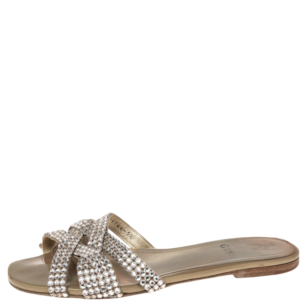 

Gina Rose Grey Leather And Crystal Embellished Dakota Slide Sandals Size