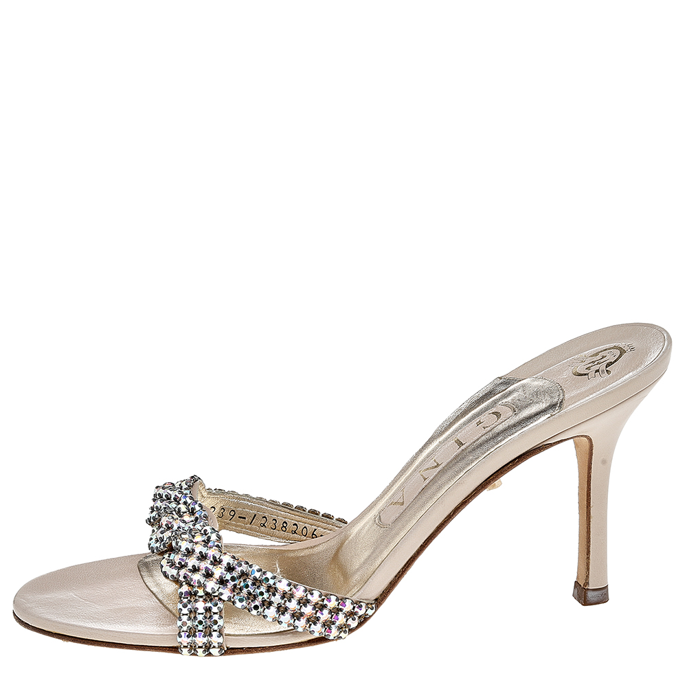 

Gina Beige Leather Crystal Embellished Slide Sandals Size