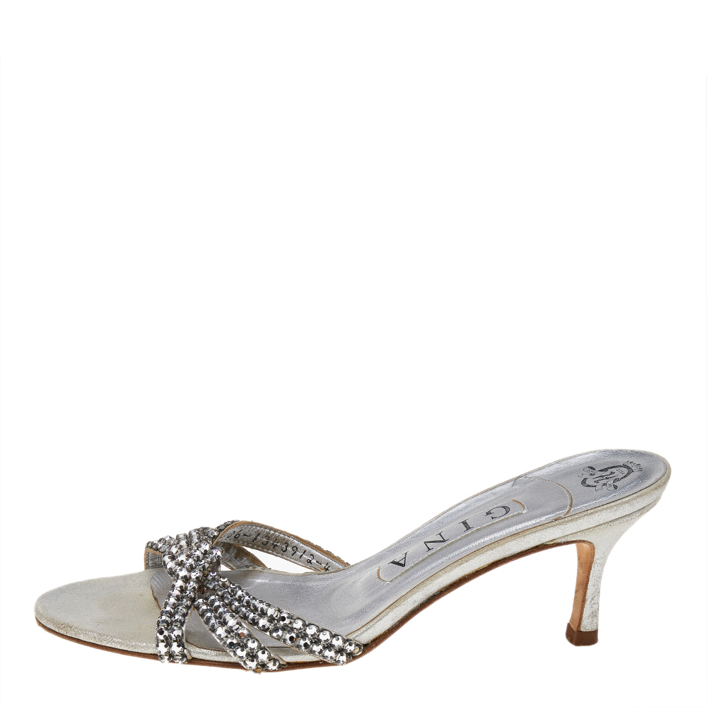 

Gina Metallic Silver Leather Crystal Embellished Slide Sandals Size