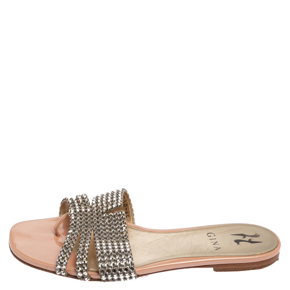 

Gina Cream Patent Leather Crystal Embellished Crisscross Slide Flats Size