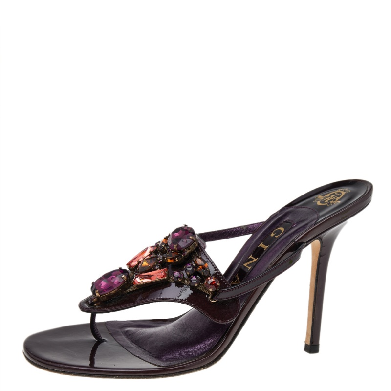 

Gina Burgundy Patent Leather Crystal Embellished Thong Sandals Size