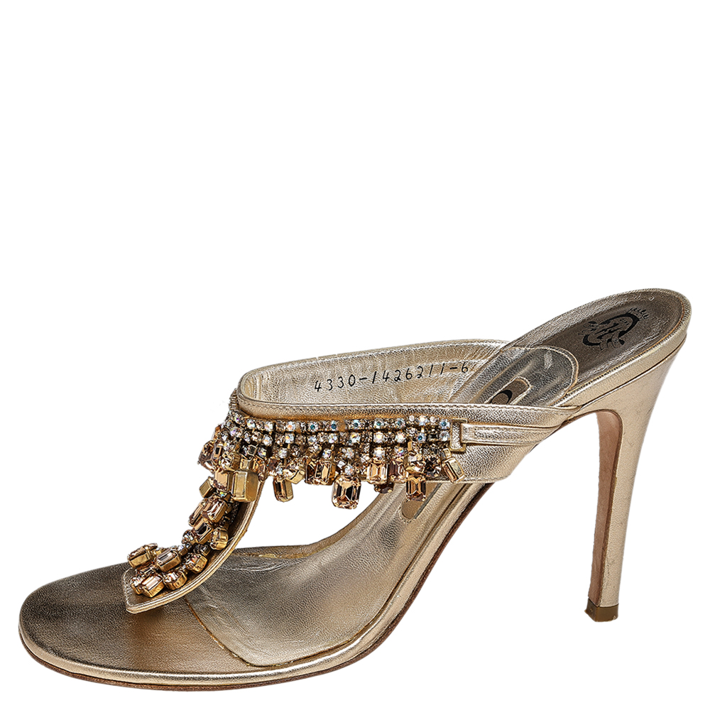 

Gina Metallic Gold Leather Crystal Embellished Thong Sandals Size