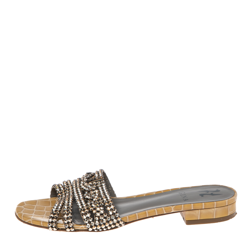 

Gina Beige Croc Embossed Patent Leather Crystal Embellished Loren Slide Sandals Size