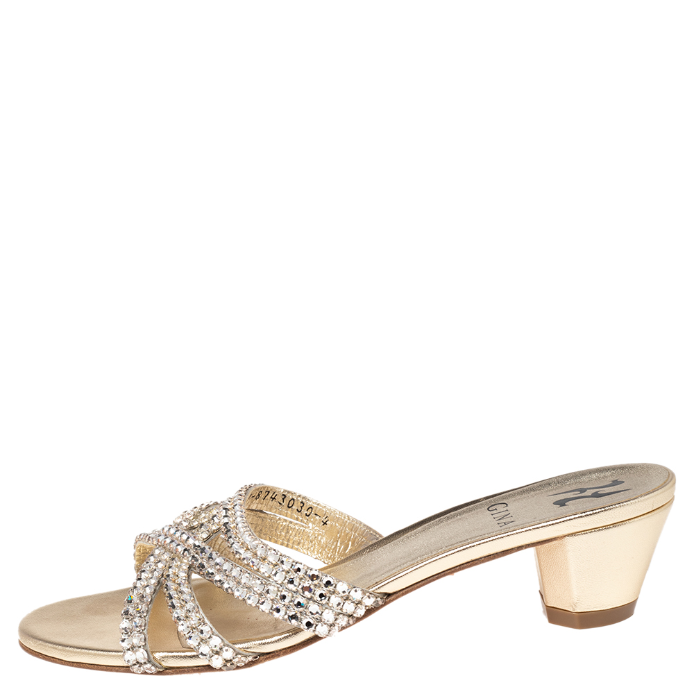 

Gina Gold Leather Crystal Embellished Block Heel Slides Size