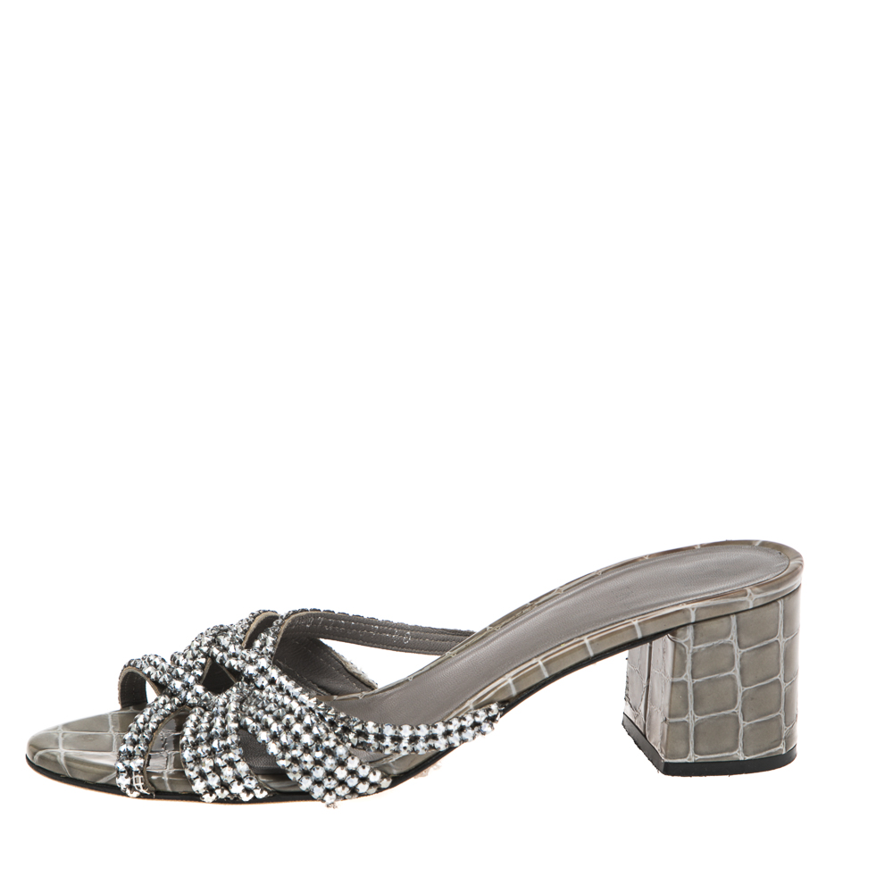 

Gina Green Croc Embossed Leather Crystal Embellished Loren Sandals Size