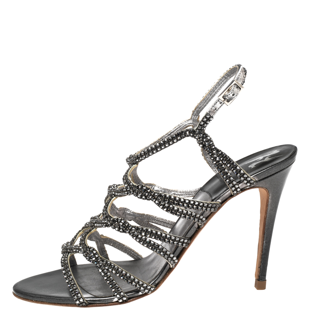 

Gina Silver Leather Crystal Embellished Strappy Sandals Size